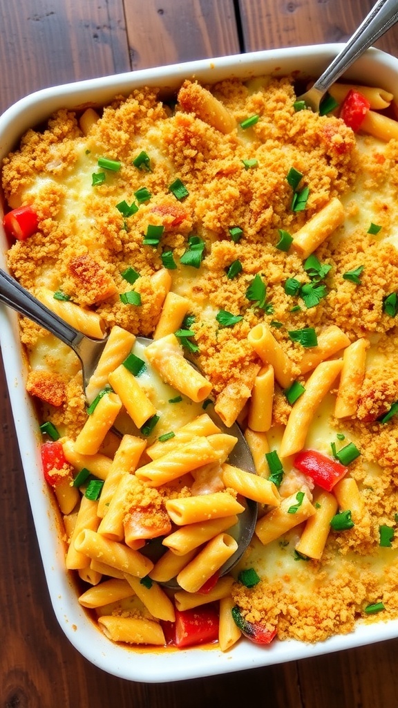 Versatile 9x9 Casserole Recipes A golden brown 9x9 casserole with pasta, vegetables, and cheese, garnished with parsley on a wooden table.